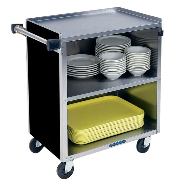 A Lakeside black stainless steel utility cart with plates and bowls on it.