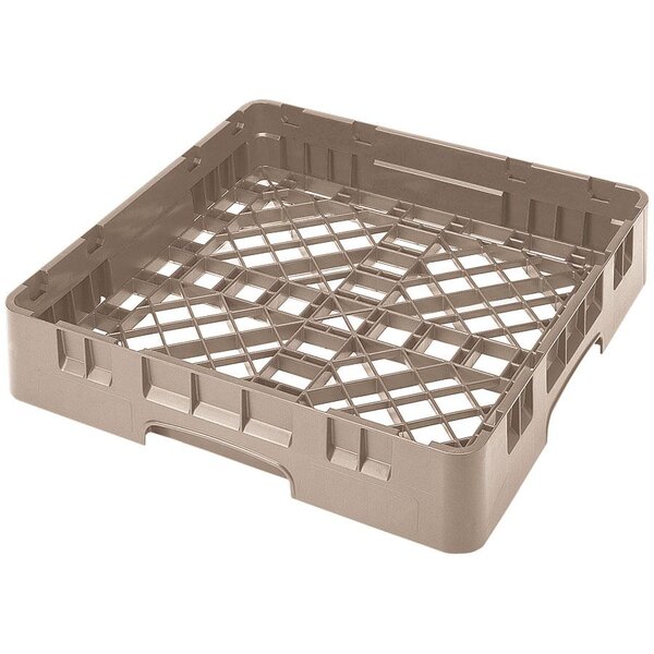 A beige plastic rack with closed sides and a grid of holes.