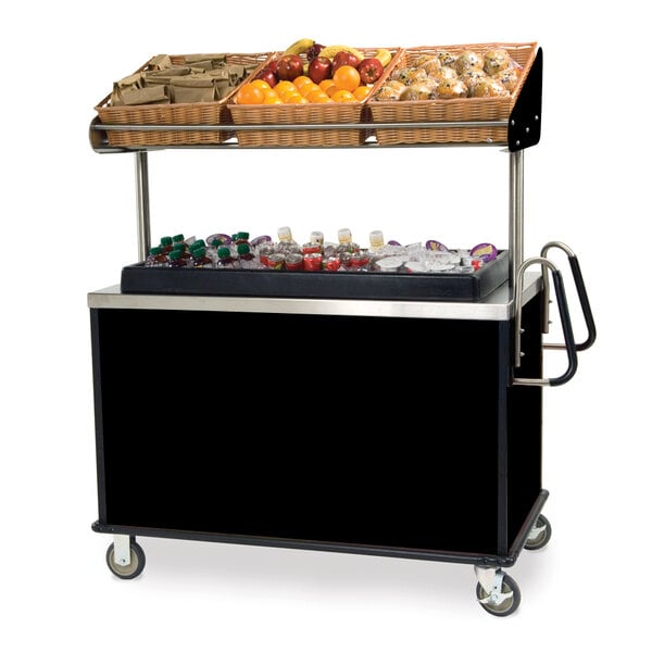 A Lakeside stainless steel vending cart with an insulated ice bin full of fruit and drinks.