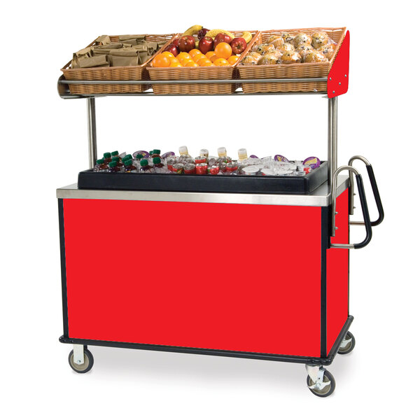 A red Lakeside vending cart with fruit and drinks on the counter.