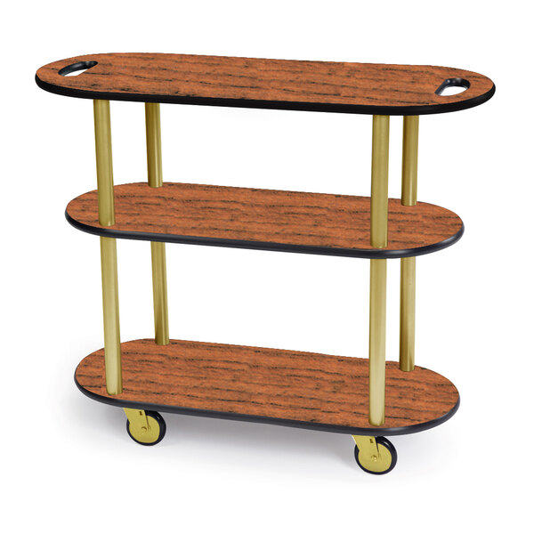 A three tiered wood shelf on wheels.