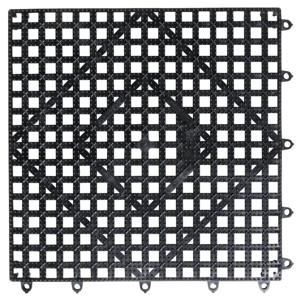 A black San Jamar Versa-Mat interlocking square tile with a grid pattern.