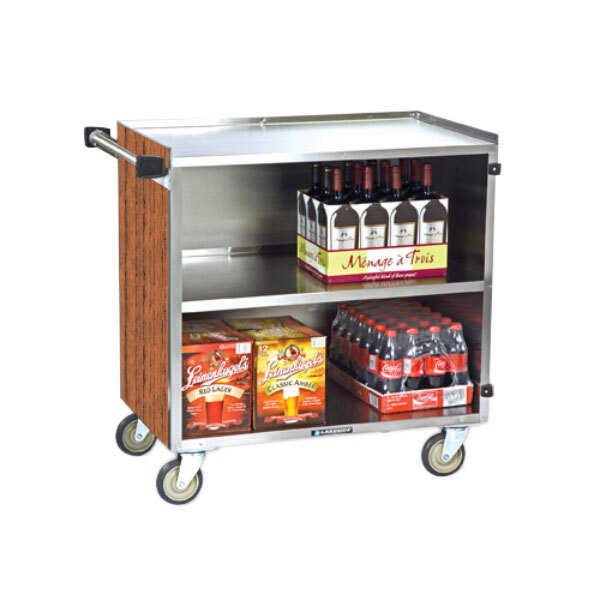 A Lakeside stainless steel utility cart with bottles of wine and drinks on it.