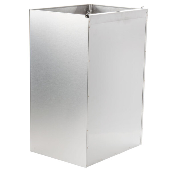 A silver rectangular Bobrick waste receptacle with a red clip.