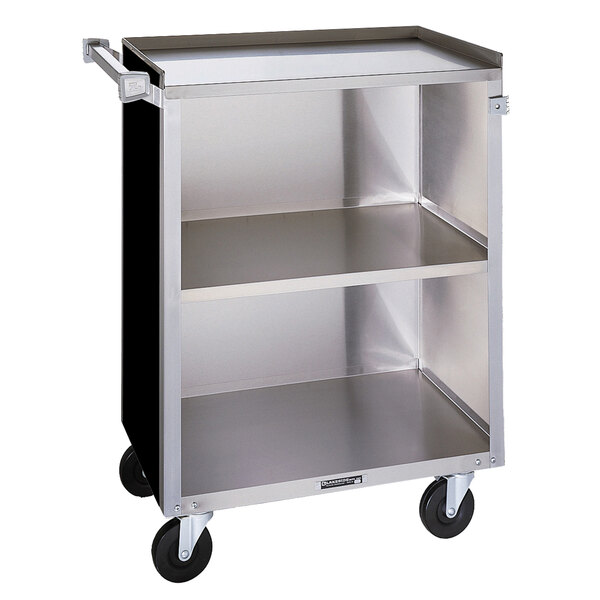 A silver Lakeside metal utility cart with black shelves and wheels.