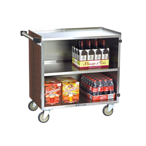 A Lakeside stainless steel utility cart with wine and soda bottles on it.