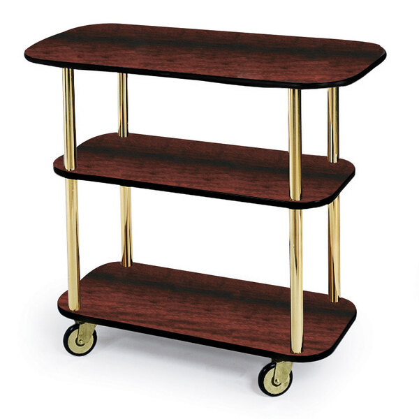 A three tiered wood Geneva serving cart with wheels.