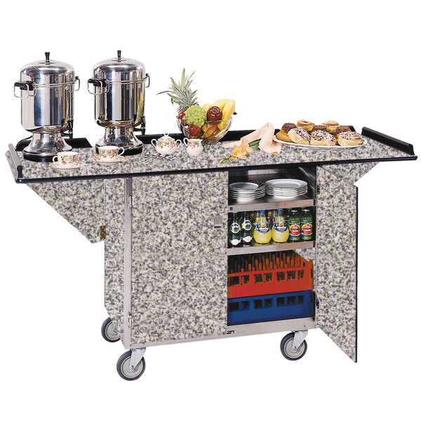 A Lakeside stainless steel drop-leaf beverage service cart with food on it.