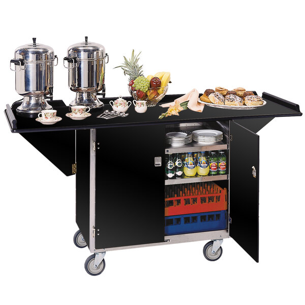 A black Lakeside beverage service cart with food and drinks on it.
