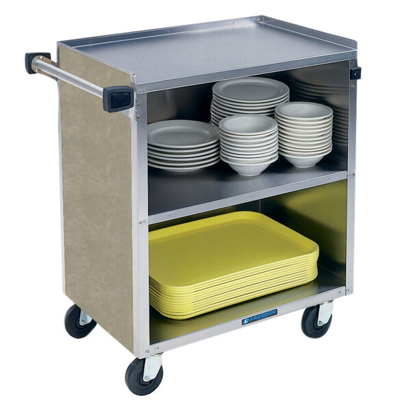 A Lakeside stainless steel utility cart with plates and bowls on it.