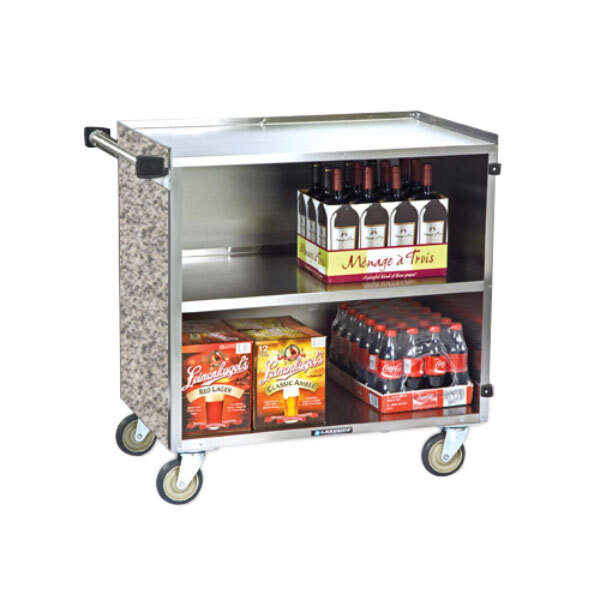 A Lakeside stainless steel utility cart with wine and drinks on it.