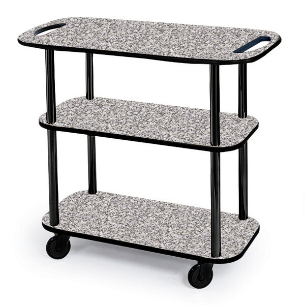 A Geneva rectangular 3 shelf serving cart with gray sand finish and black metal legs.