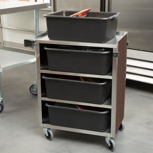 A silver Lakeside metal utility cart with enclosed black shelves.