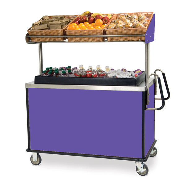 A Lakeside stainless steel vending cart with an overhead shelf and purple finish filled with fruit and drinks.