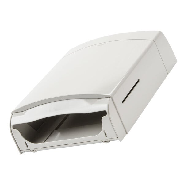 A gray rectangular Bobrick paper towel dispenser with a slot for towels.