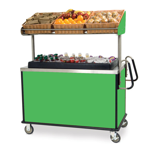 A green Lakeside vending cart with baskets of fruit and drinks.
