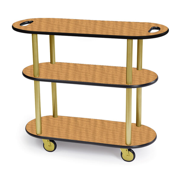 A Geneva three tiered serving cart with wheels and amber maple shelves.