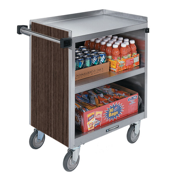 A Lakeside stainless steel utility cart with drinks and beverages on it.
