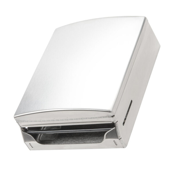 A silver rectangular Bobrick paper towel dispenser with a hole in the middle.