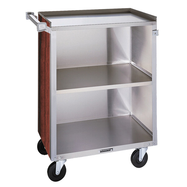 A Lakeside stainless steel utility cart with an enclosed base and wood and metal shelves.