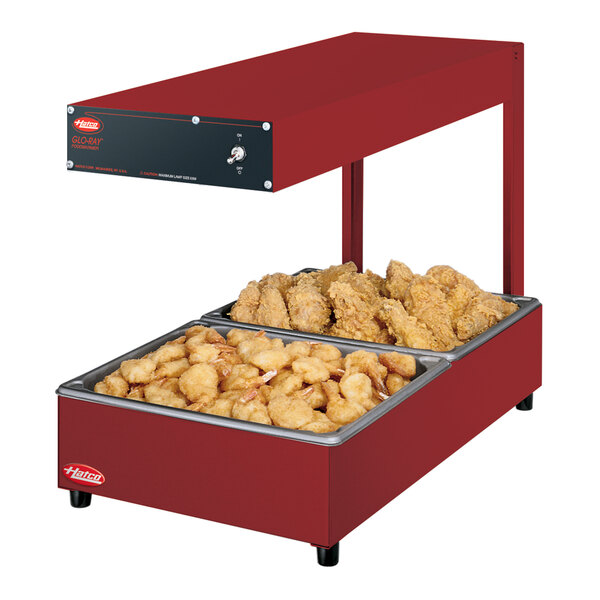 A red Hatco Glo-Ray food warmer over chicken and fries in a container.
