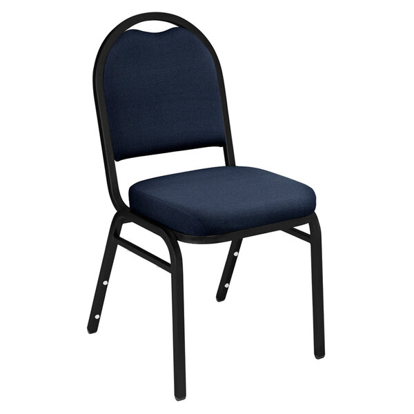 A National Public Seating black stack chair with midnight blue fabric upholstery and black metal frame.