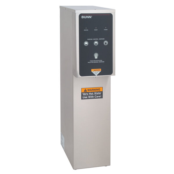 A close-up of a Bunn hot water dispenser with black and orange buttons.