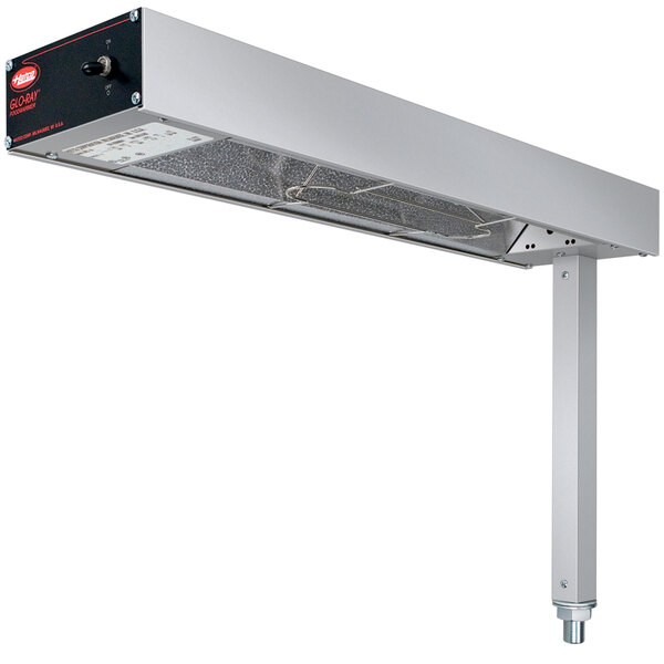 A Hatco fry station overhead warmer with metal elements and a black and silver base.