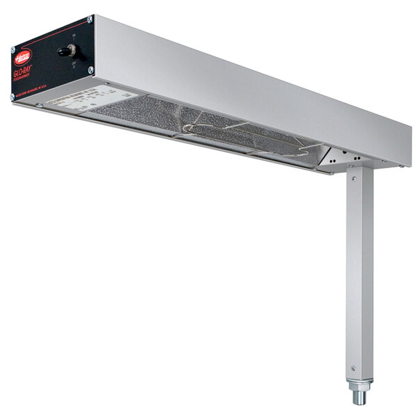 A Hatco Glo-Ray fry station overhead warmer with metal elements and black and silver infinite controls.