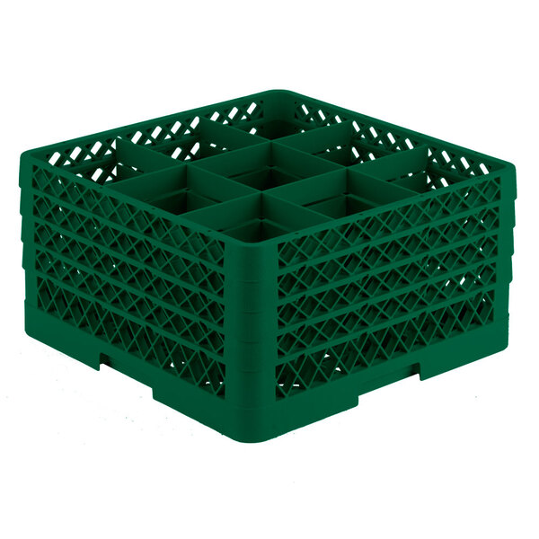 A green Vollrath Traex glass rack with nine compartments.