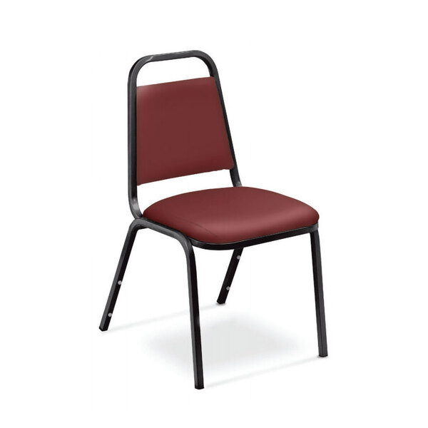 A National Public Seating black stack chair with burgundy upholstery and black frame.