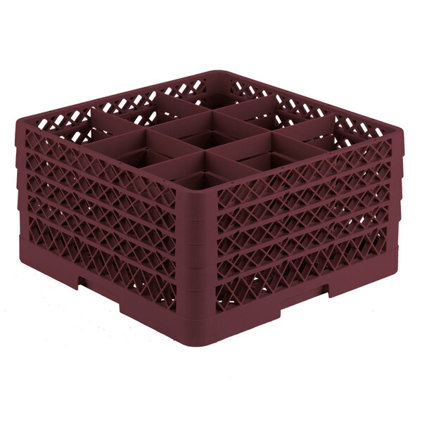 A burgundy Vollrath glass rack with 9 compartments.