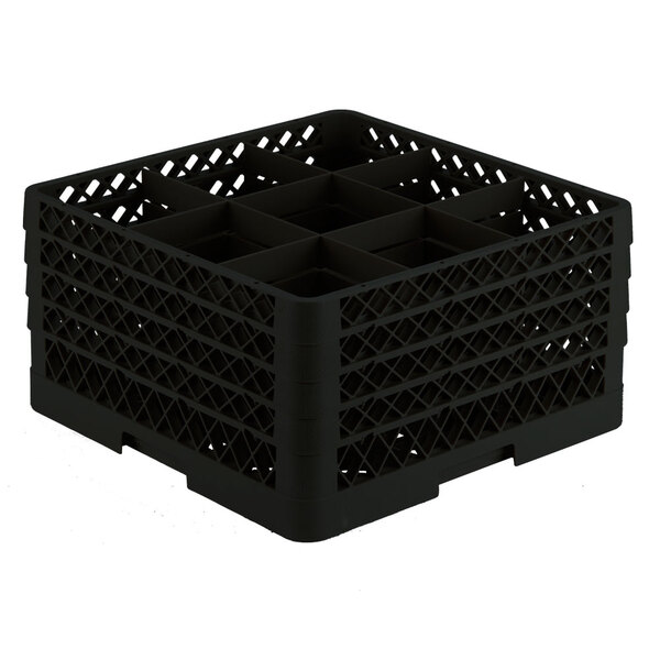 A Vollrath black plastic glass rack with 9 compartments.