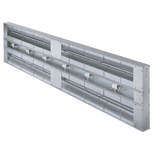 A long metal rectangular Hatco strip warmer with lights and a metal rack inside.