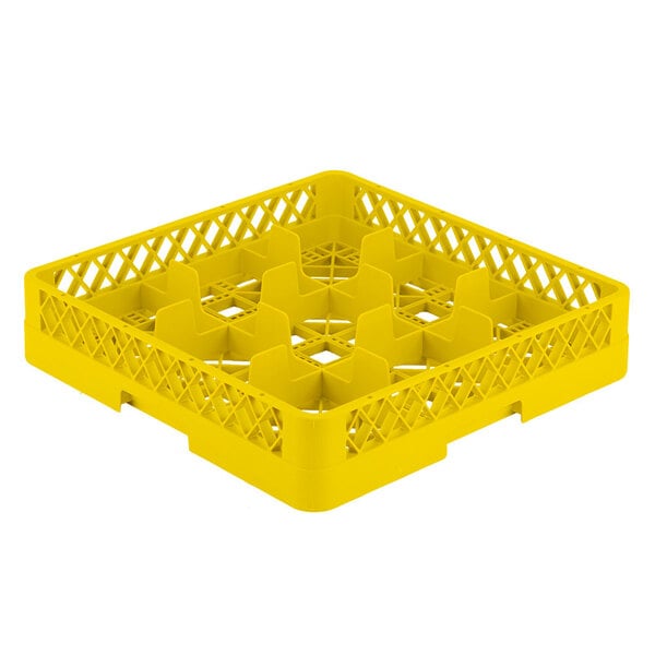 A yellow plastic Vollrath Traex glass rack with compartments.