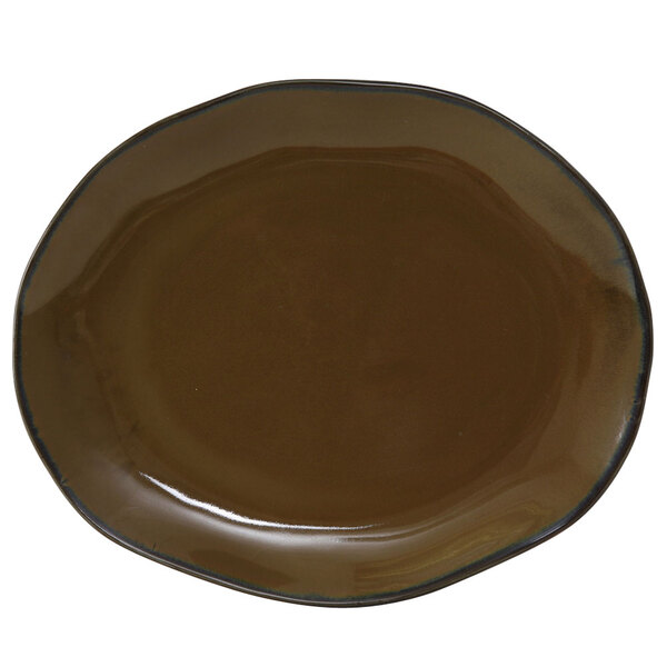 A brown Tuxton china platter with a black rim.