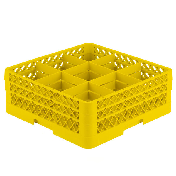 A yellow Vollrath plastic glass rack with six compartments.