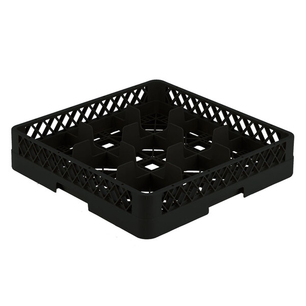 A Vollrath black plastic container with 9 compartments for glasses.