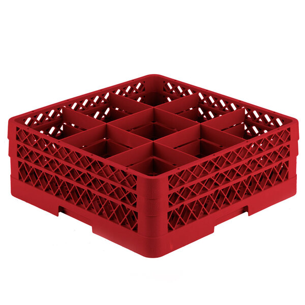 A red Vollrath plastic glass rack with six compartments.