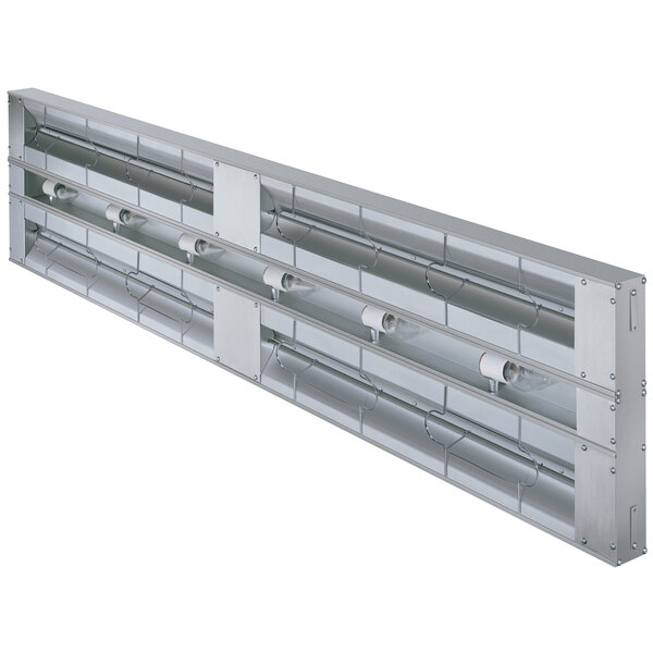 A long rectangular Hatco strip warmer with light and metal shelves.