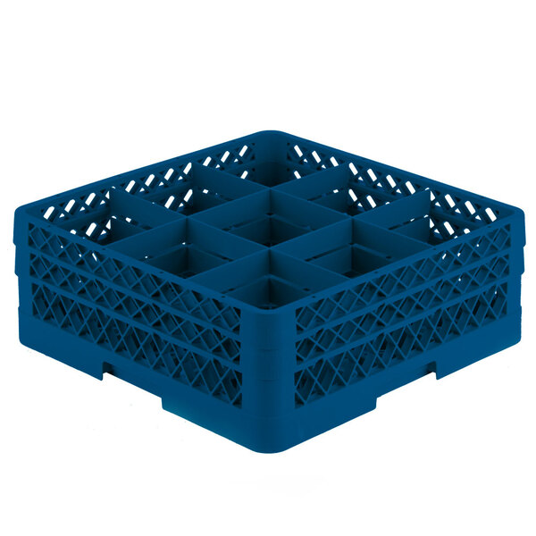 A Vollrath blue plastic glass rack with six compartments.