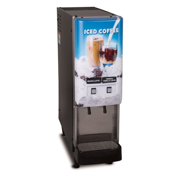 A Bunn 2 flavor cold beverage iced coffee dispenser with lit door filled with ice and iced coffee.