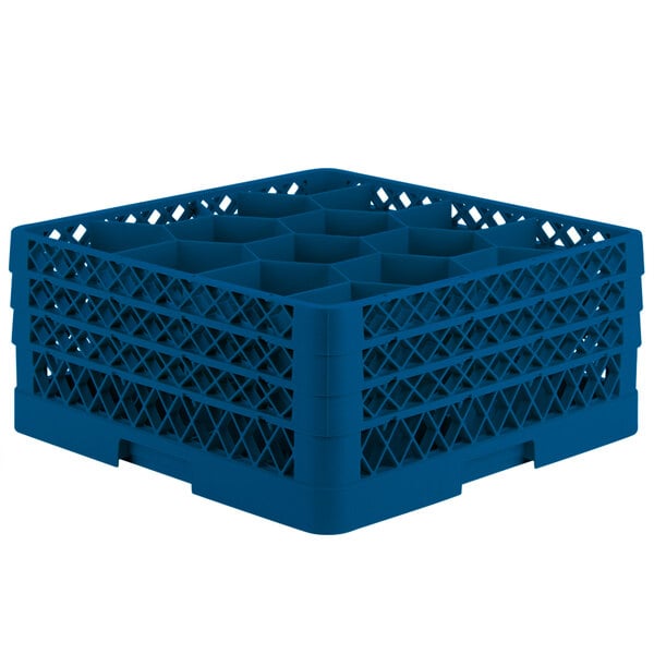 A Vollrath blue plastic glass rack with 12 compartments.