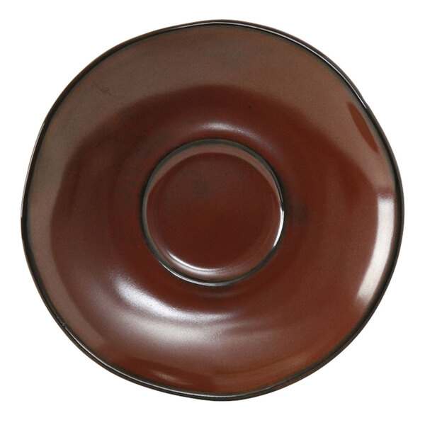 A brown saucer with a rim on a white background.
