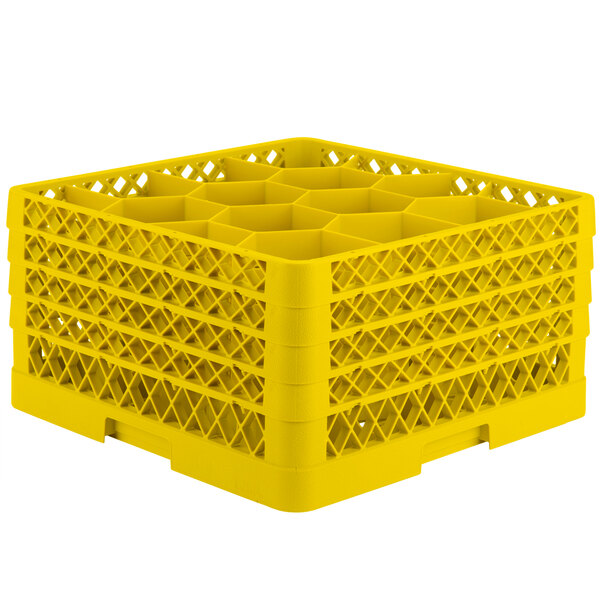A yellow Vollrath Traex glass rack with 12 compartments.
