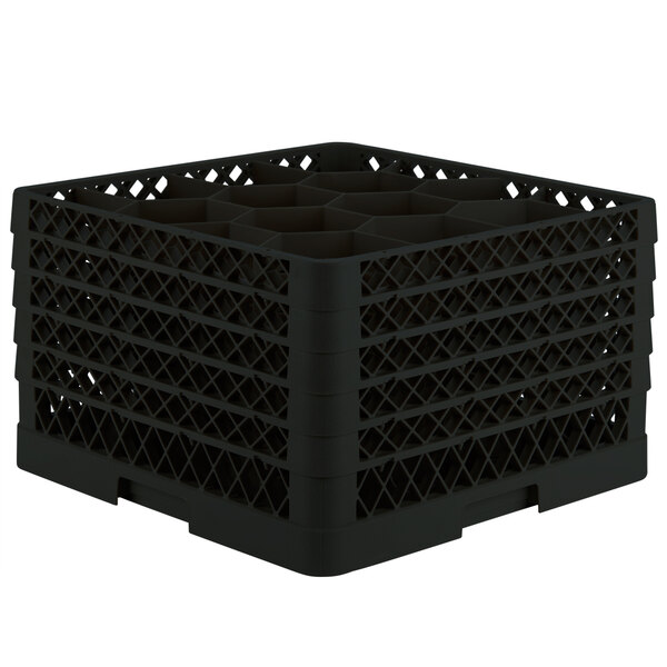 A black plastic Vollrath Traex glass rack with 12 compartments.