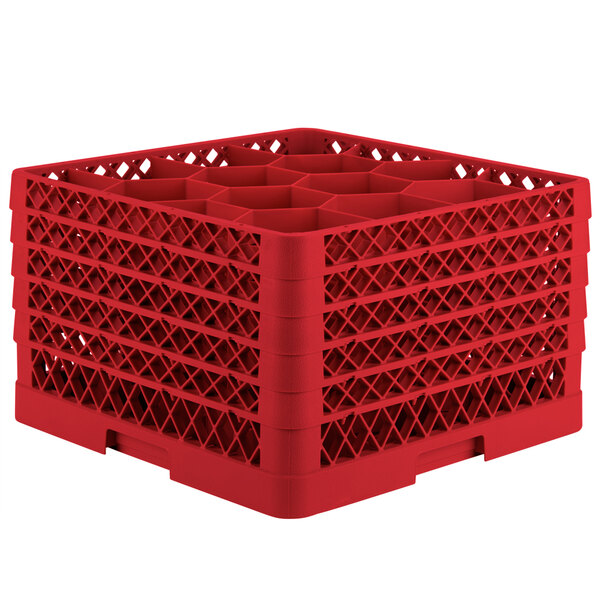 A red Vollrath Traex glass rack with 12 compartments and open rack extender on top.
