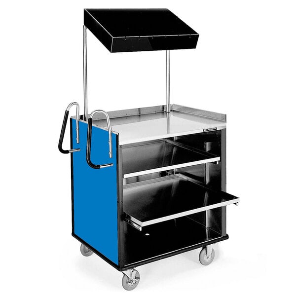 A stainless steel Lakeside vending cart with blue and black shelves.