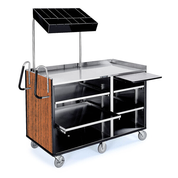 A stainless steel Lakeside vending cart with Victorian cherry laminate shelves on wheels.