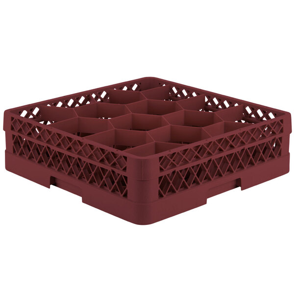 A burgundy Vollrath Traex glass rack with 12 compartments and an open rack extender.